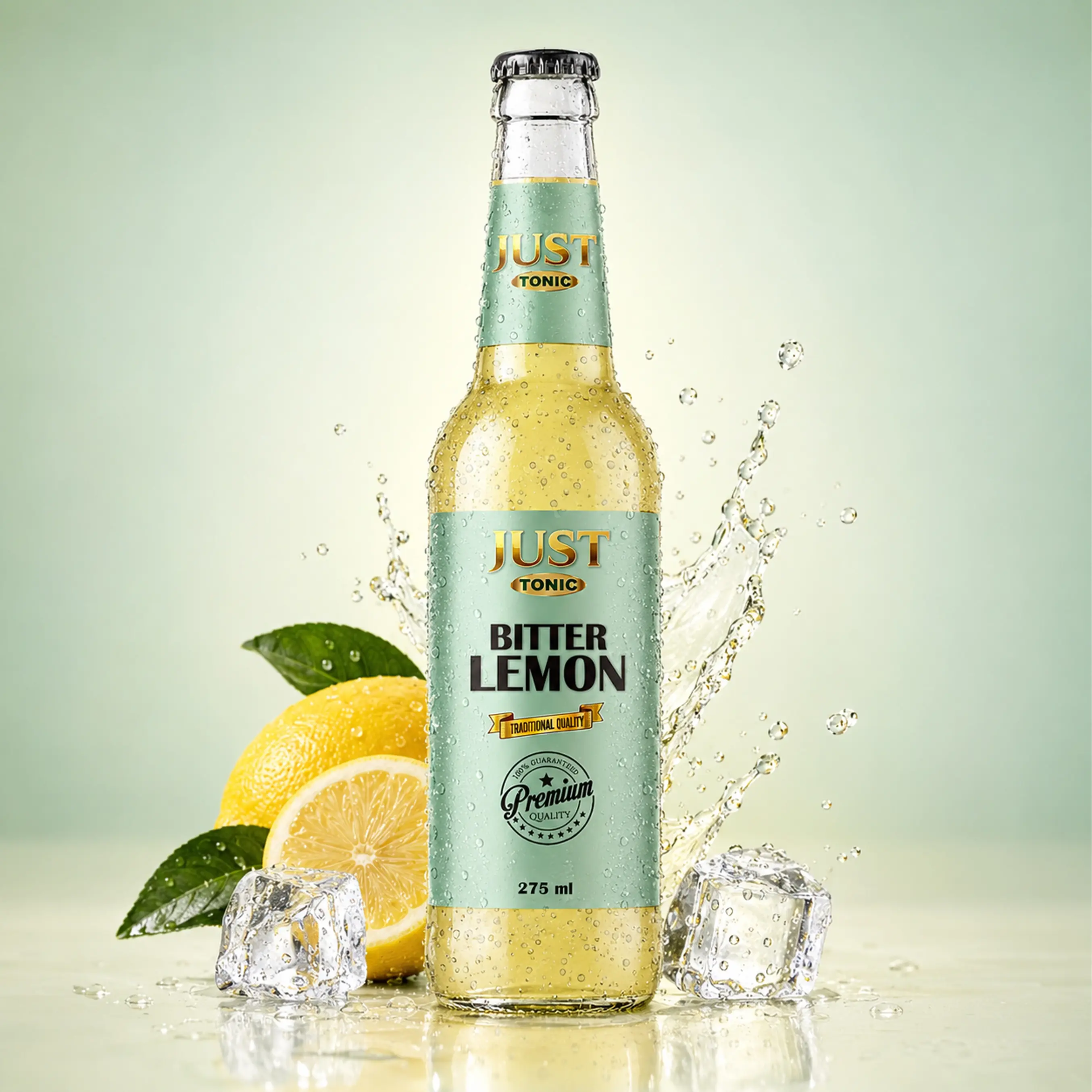 JUST Tonic Bitter Lemon 275ml glass bottle with fresh lemon, green leaves, ice cubes, condensation, and refreshing water splashes.